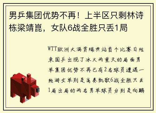 男乒集团优势不再!上半区只剩林诗栋梁靖崑,女队6战全胜只丢1局